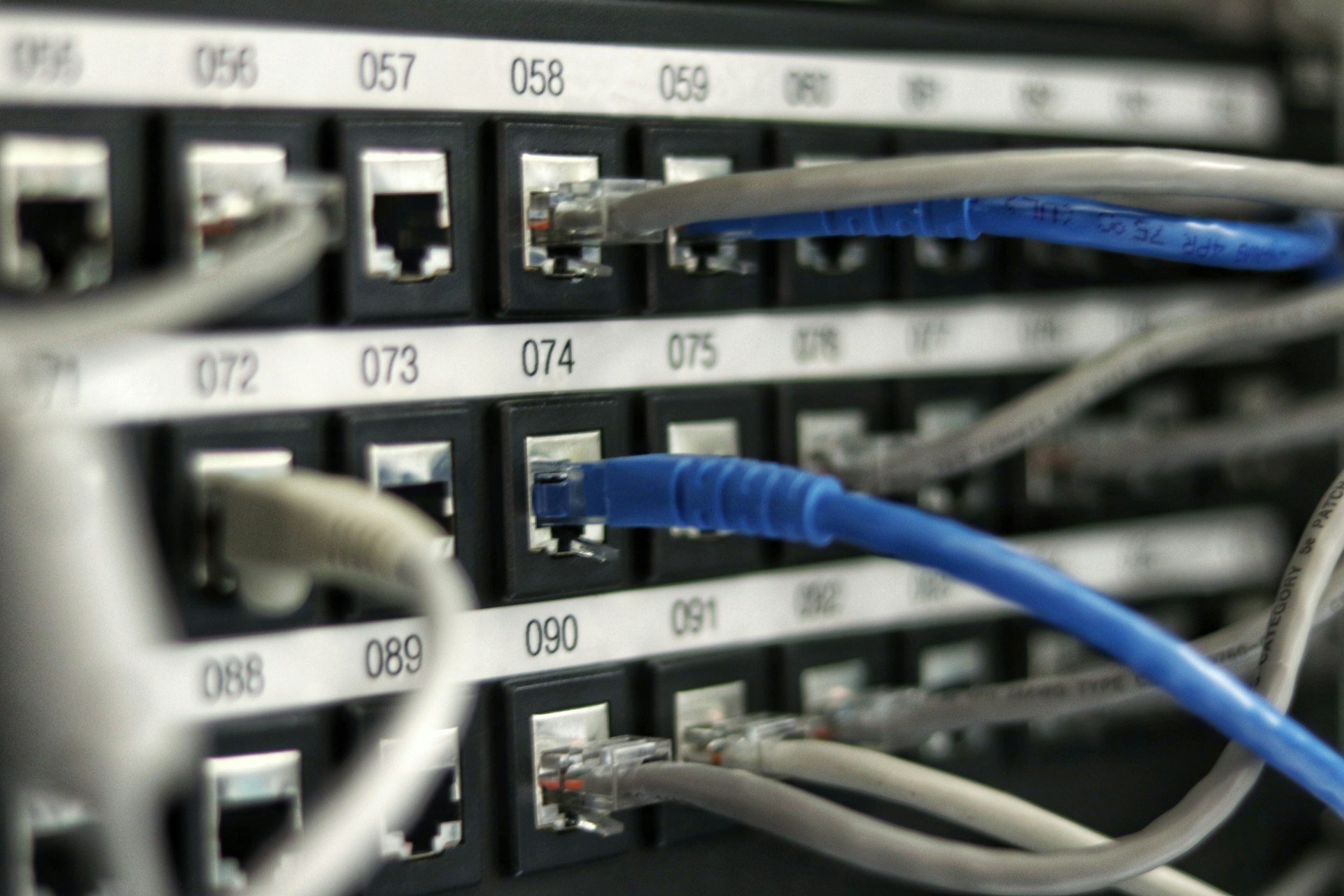 A blue network cable plugged into a numbered patch panel.